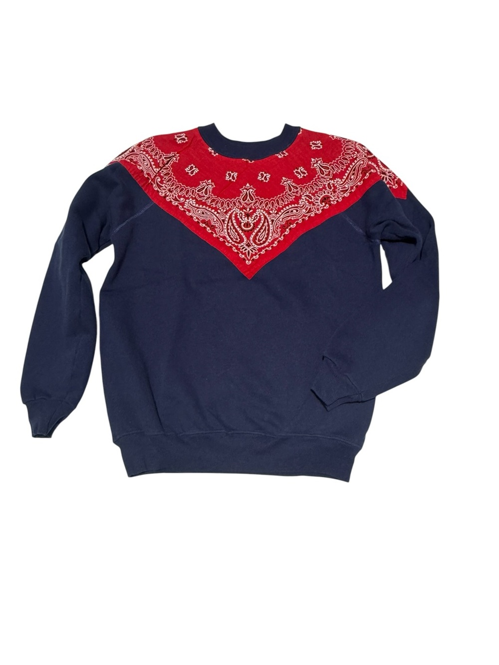 Vintage 80s Hanes Navy Crewneck Sweatshirt with Red Bandana Yoke